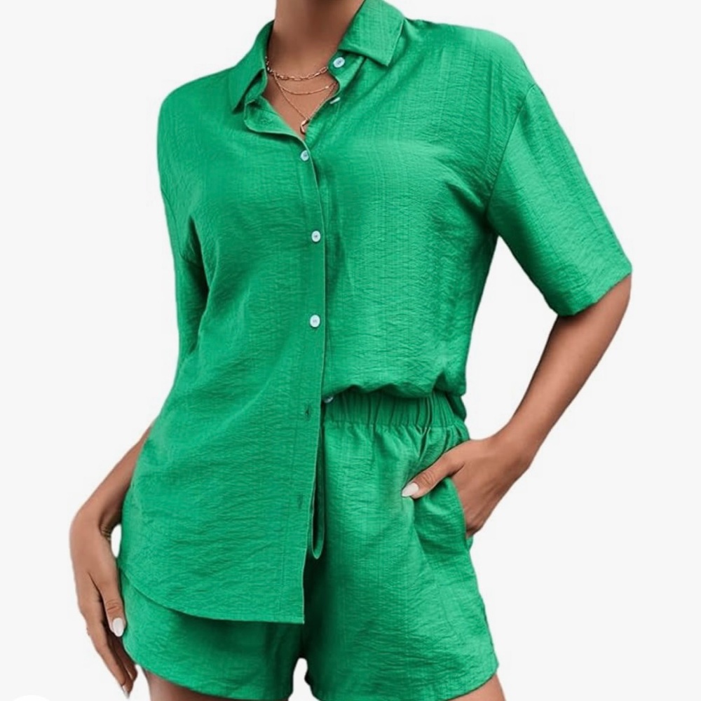 Women's Casual 2 Piece Outfits Short Sleeve Button Down Blouse and Short Set